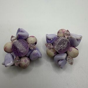 Vintage Hong Kong Lilac Beaded Cluster Clip Earrings
